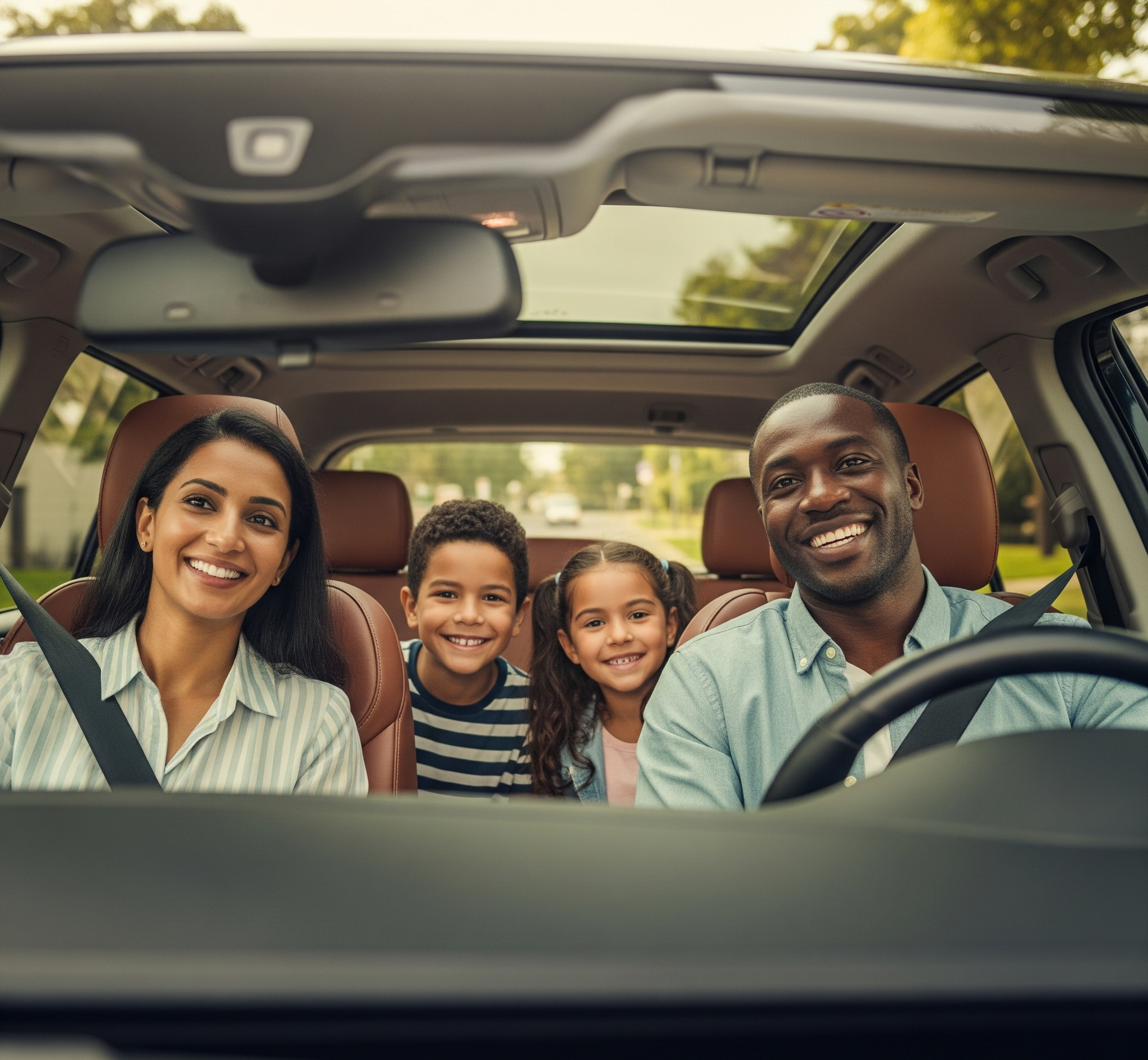 Happy family enjoying a safe ride in a Nanny Driver vehicle