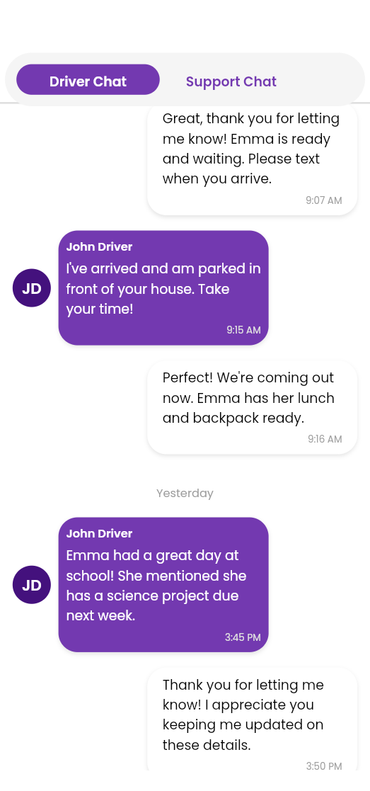 In-App Support chat screen in the Nanny Driver App