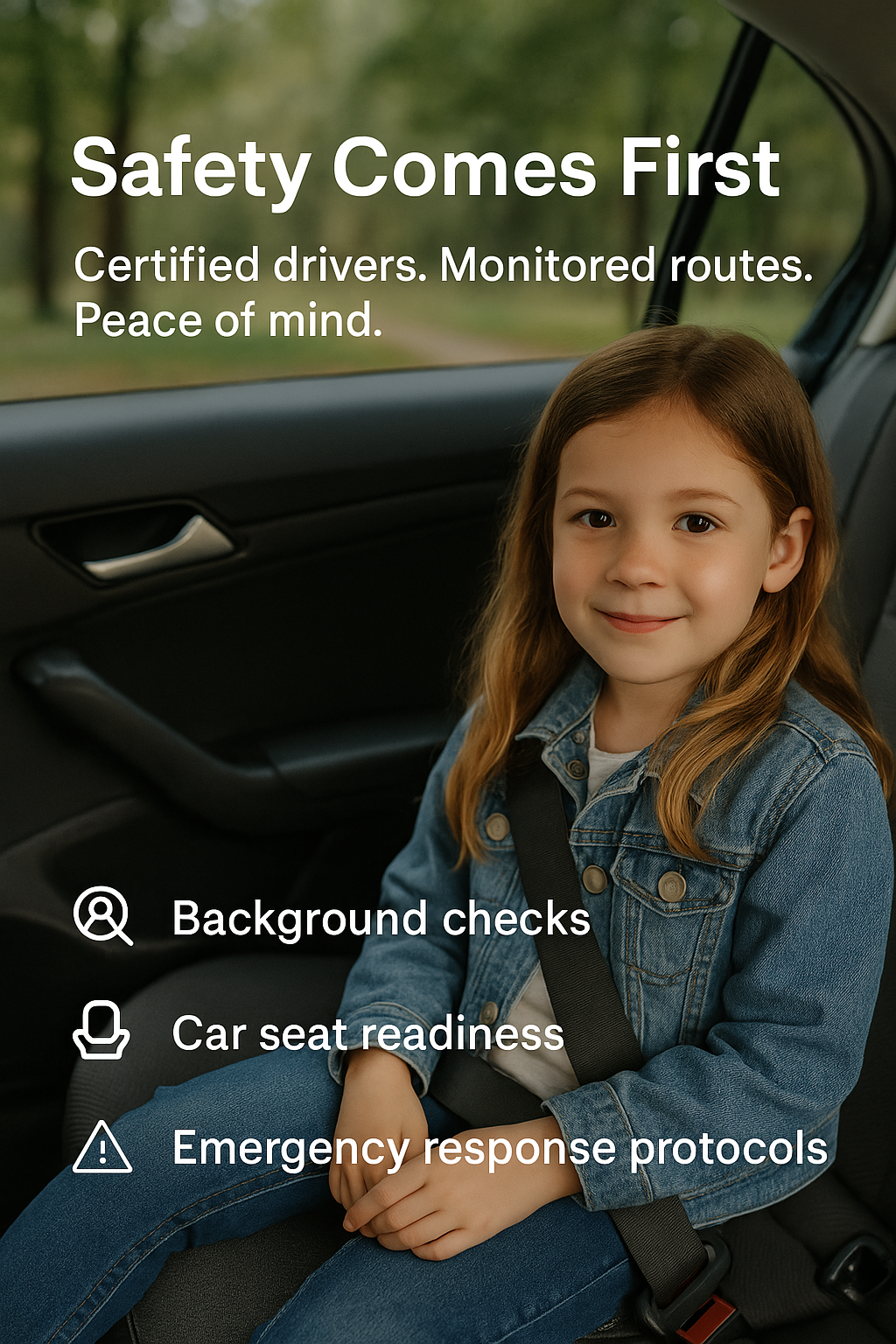 Child safely buckled in the back seat, highlighting Nanny Driver's safety features