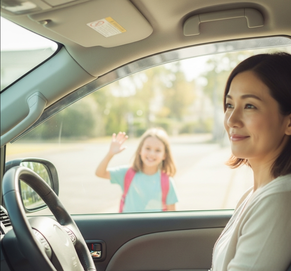 Happy child waving goodbye after a safe Nanny Driver ride