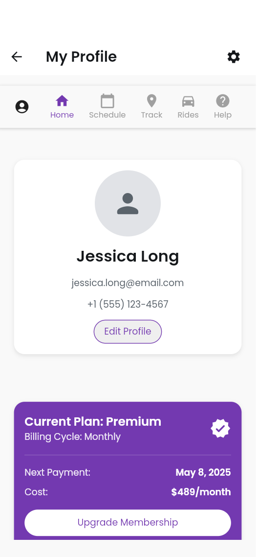 Parent Profile screen in the Nanny Driver App