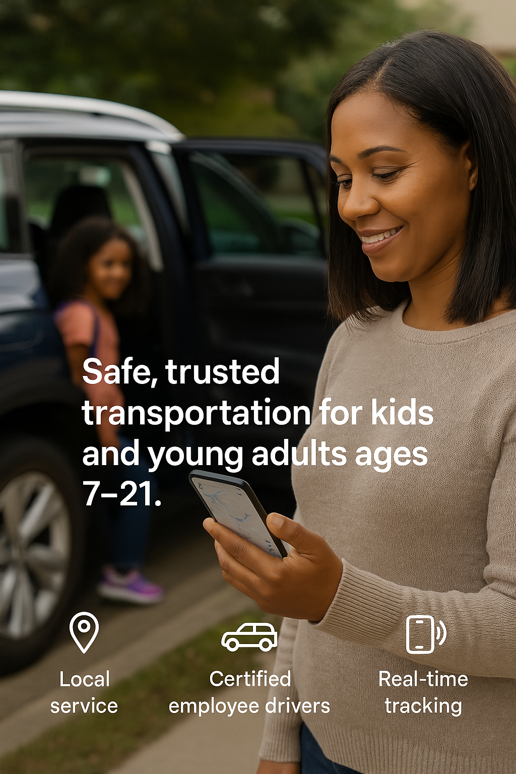 Mother using Nanny Driver app for safe, trusted child transportation
