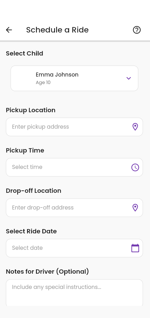 Schedule a Ride screen in the Nanny Driver App
