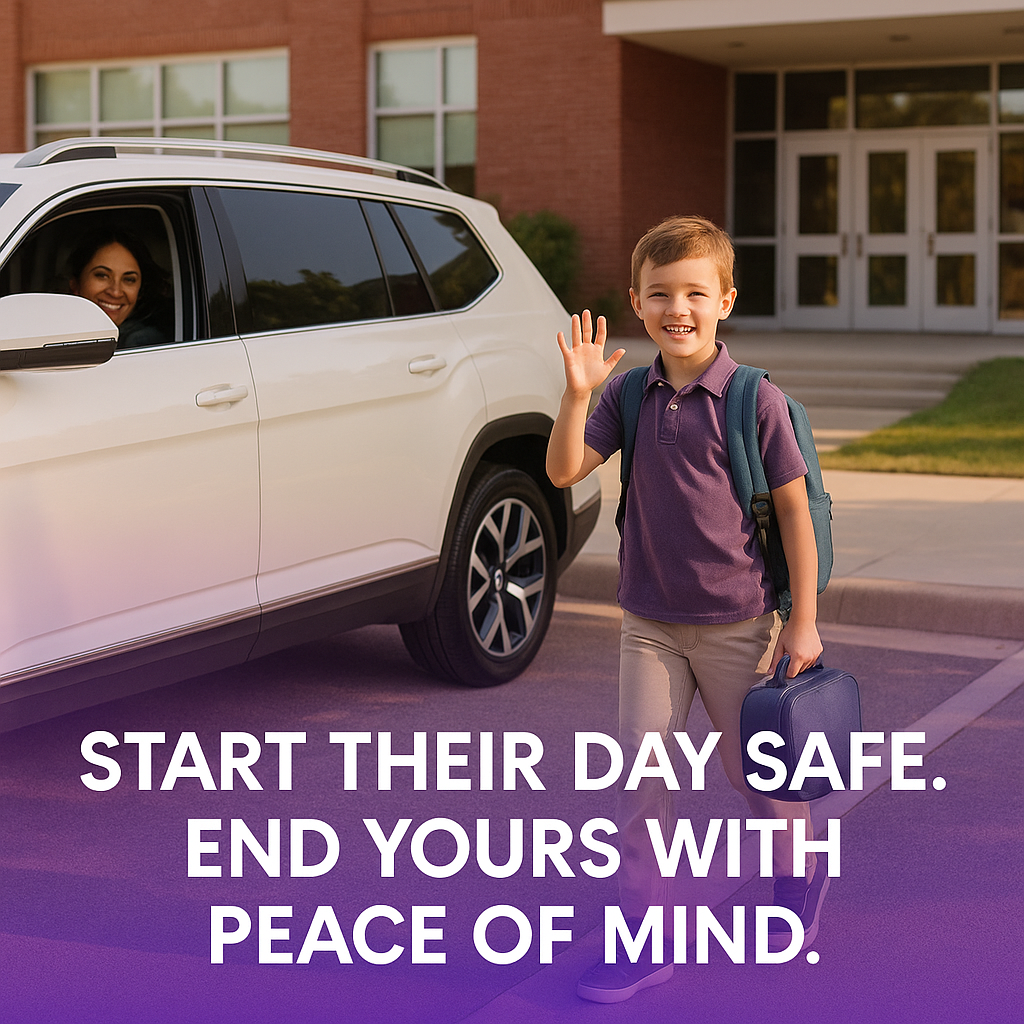 Child waving goodbye after being dropped off at school